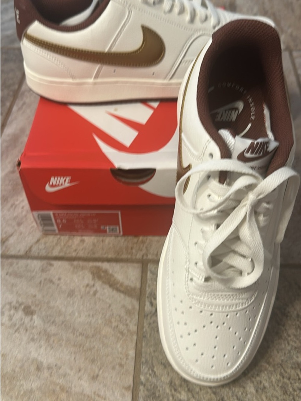 Nike Women's Court Vision Sail metallic gold swoosh. Brand new!!